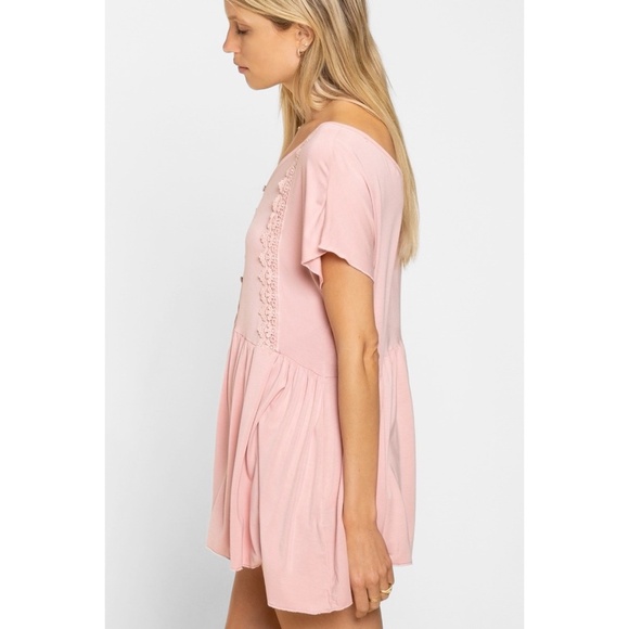 POL Pink Rayon V Neck Half Button Short Sleeve Babydoll Tunic Top - Picture 3 of 7